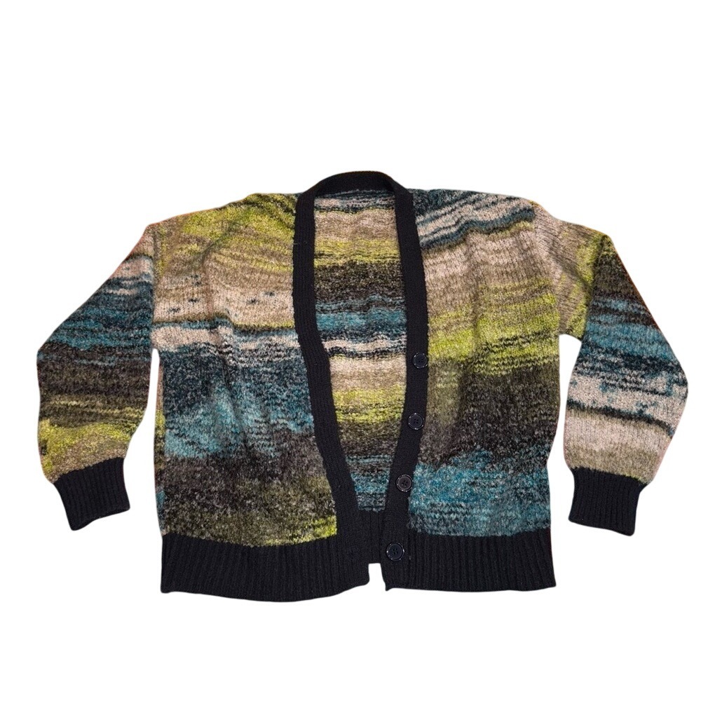 MUSERA Contrast Binding Knit Cardigan Sweater Abstract Blue Green Small